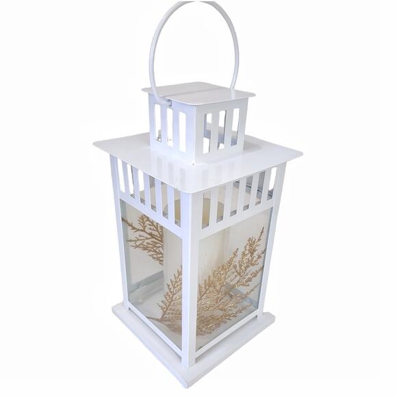 White Metal & Glass Lantern with Automated Candle Home Decor Holiday Lighting - Picture 5 of 6